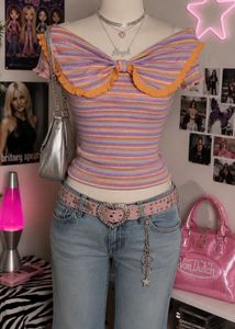Y2K Striped Bow Top