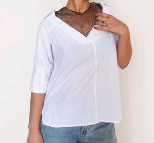 Chic White Shirt with Black Mesh Detail