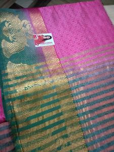 Vibrant Pink &amp; Gold Striped Saree