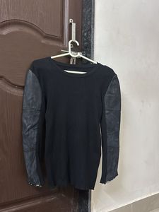 Chic Black Top with Faux Leather Sleeves