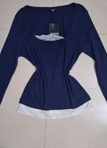 Navy Blue Lace Trim Long Sleeve Top