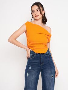Orange Stretchable Ruched Cowl Neck Crop Top
