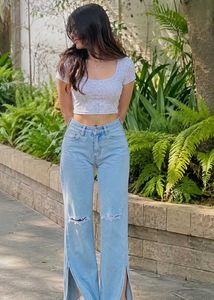 Light Wash Split Hem Jeans