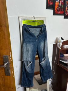 Distressed Blue Wash Wide Leg Jeans