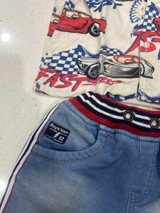Boys Car Print Shirt &amp; Denim Shorts Set