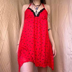 Red Heart Print Slip Dress