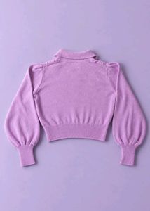 LILAC CABLE KNIT COLLARED SWEATER WITH PUFF SLEEVE