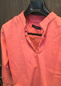 Coral Mandarin Collar Button-Up Shirt