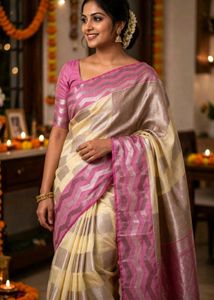Elegant Cream & Pink Woven Silk Saree