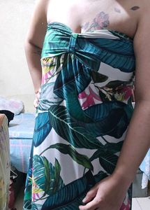 Tropical Print Strapless Maxi Dress