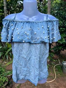 Denim Off-Shoulder Pearl Top