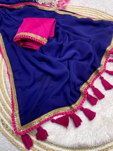 Elegant Navy Blue Saree with Pink Border