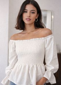 White Off-the-Shoulder Smocked Peplum Top