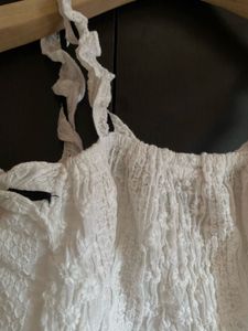 White Eyelet Ruffle Top with Black Ribbon Tie