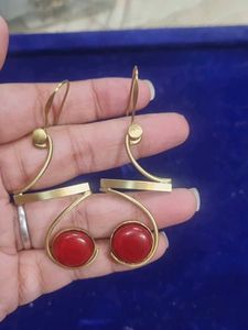Gold Tone Earrings with reddish stone