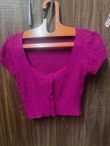 Fuchsia Button-Up Cropped Knit Top