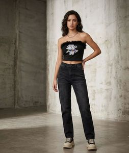 Black Fur Trimmed Graphic Tube Top