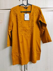 Mustard Chikankari Cotton Tunic (M/34)