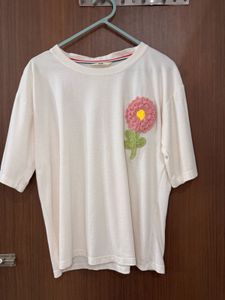 Cream T-Shirt with Embroidered Flower