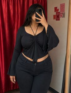 Chic Black Ruched Long Sleeve Top