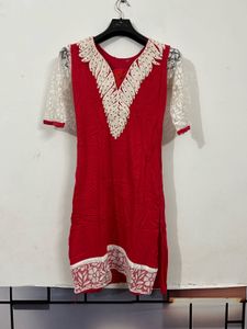 Red Kurta with White Embellishments
