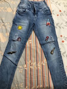 Blue Ribbed Jeans With Patchwork