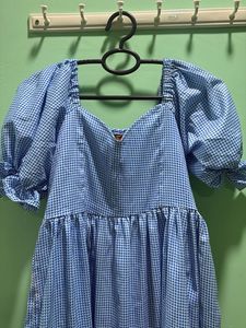 Blue Gingham Puff Sleeve Midi Dress