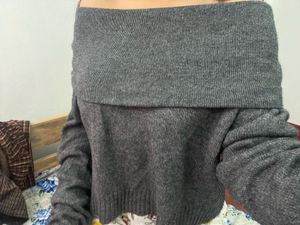 Off-Shoulder Grey Knit Sweater