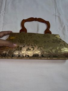 Golden Ethnic Lovely Clutch With Wooden Handle