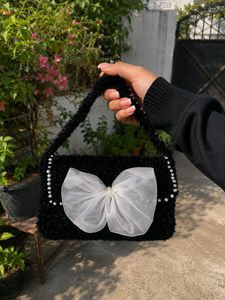 Handmade Black Furry Handbag with White Bow | Cute