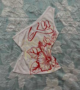 Vintage Y2K one shoulder hibiscus graphic top