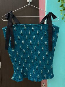 Chic Teal Smocked Crop Top cute to