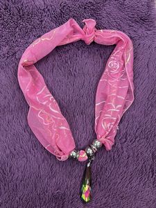 Chic Pink Scarf with Rose Print & Charm