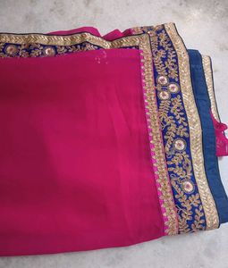 Stunning Pink Saree with Blue & Gold Border