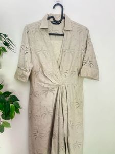 Elegant Beige Embroidered Wrap Dress