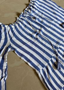 Blue and White Striped Off-Shoulder Top
