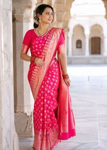 Vibrant Pink Silk Saree with Gold Motifs