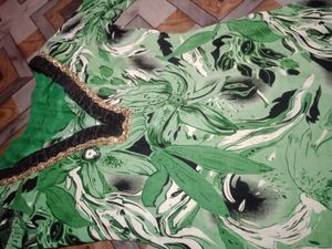 Green Floral Print Kurta with Black Velvet Necklin