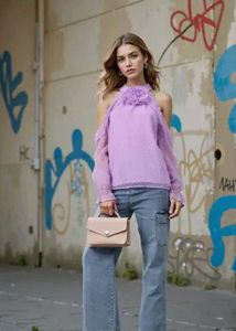 Lavender Cold Shoulder Top with Floral Accent🪻