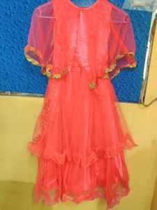 Kids Beautiful Coral Net Gown with Gold Trim
