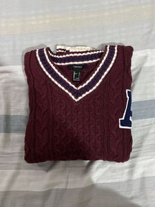 Maroon Varsity Style Cable Knit Sweater