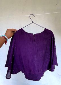 Women's Purple Embellished Bell Sleeve Top