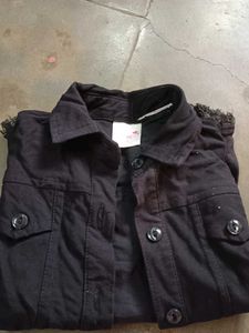 Black Frayed Hem Button-Up Jacket