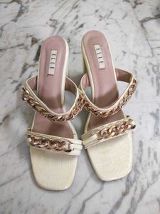 Stylish Cream Chain Detail Block Heels