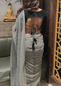 Elegant Grey Pearl Embellished Saree