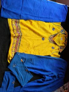 Yellow Kurta Set with Blue Bottoms