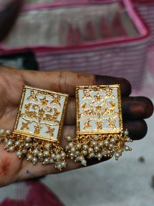 Elegant White & Gold Dangle Earrings
