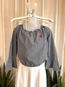 Imported Gingham Bell Sleeve Crop Top