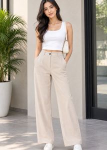 BARSHIKA Stylish Wide Leg Beige Trousers