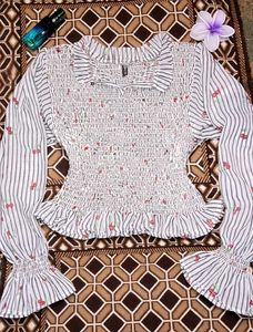 Cute Cherry Print Smocked Top